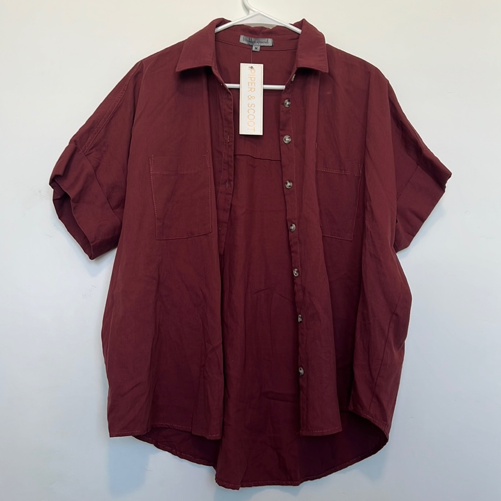Lightweight collared tshirt blouse! Beautiful wine color!